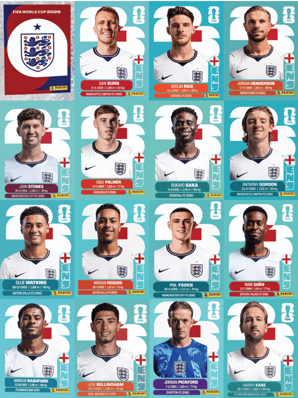 Página da seleção Inglaterra no álbum completo em PDF